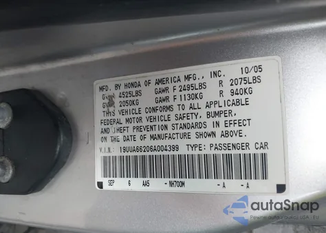 2006 Acura Tl из США, поврежденный, VIN 19UUA66206A004399